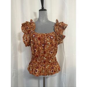 Luna moon Square-Neck Floral Peplum Blouse in Rust Sz XL